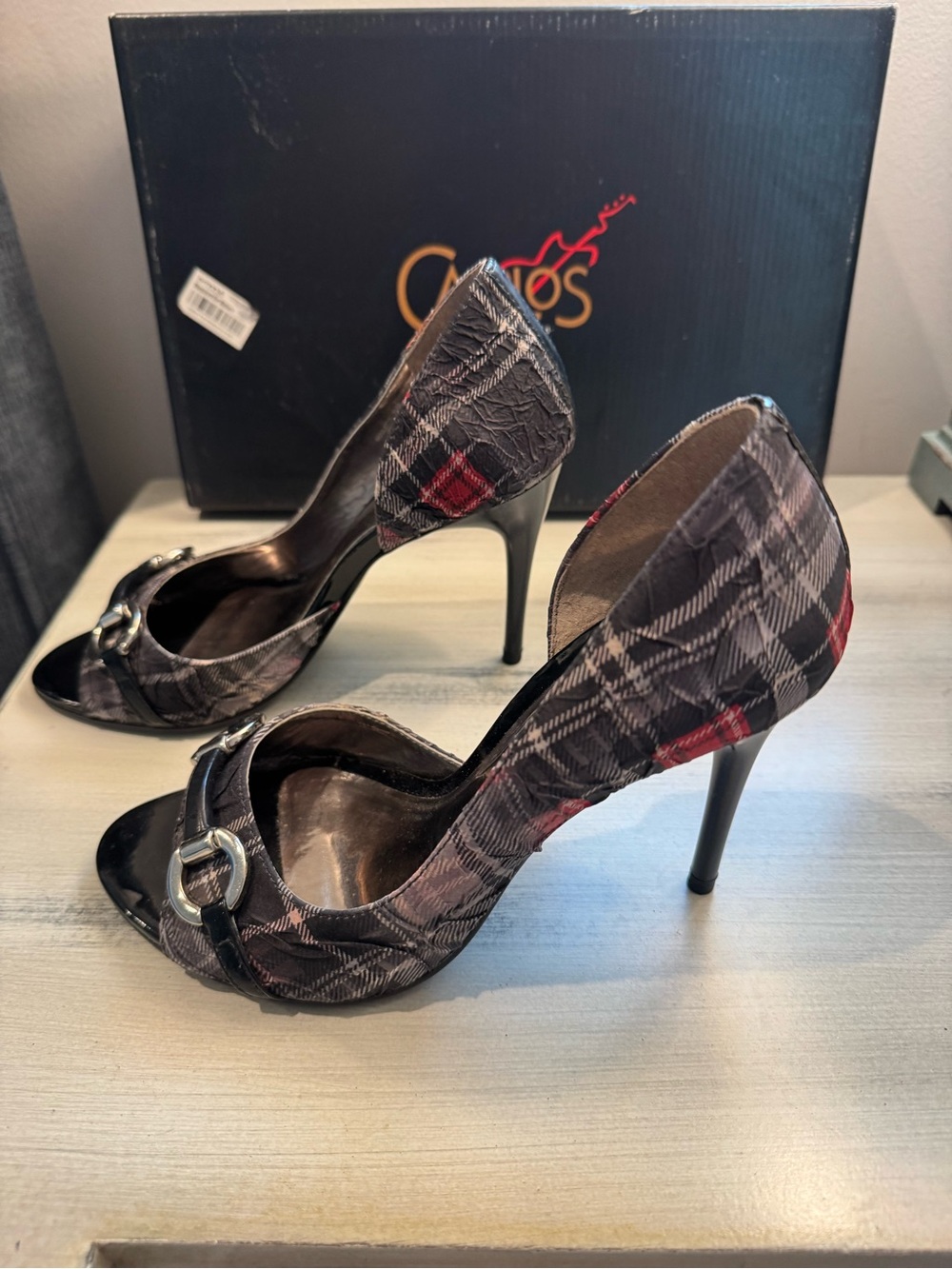Carlos Santana Plaid Heels in Black, Gray and Red